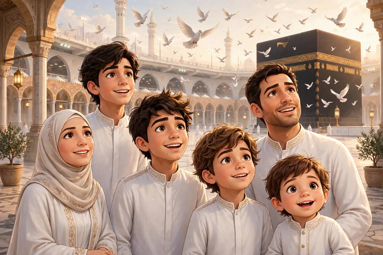 La famille réunie devant la Kaaba, des colombes au-dessus