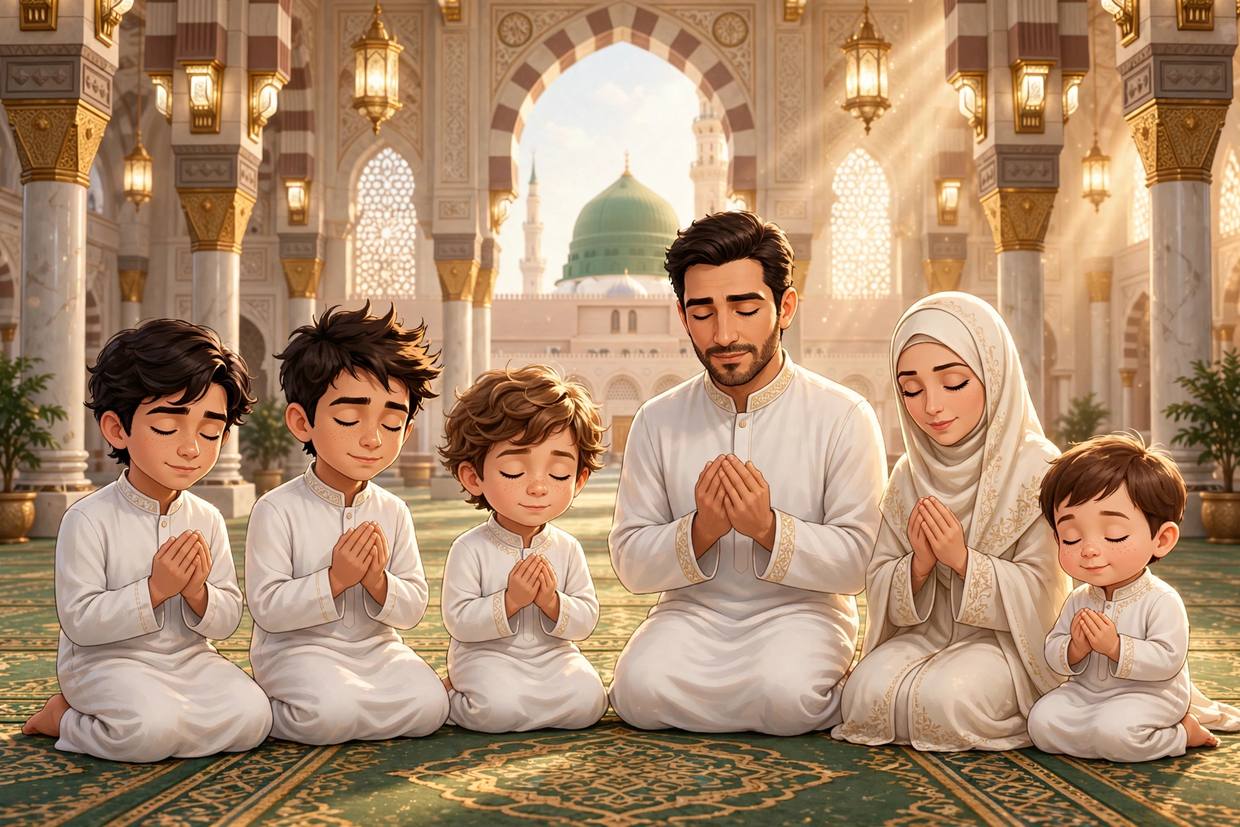 La famille dans le train rapide, en tenue blanche d'Ihram