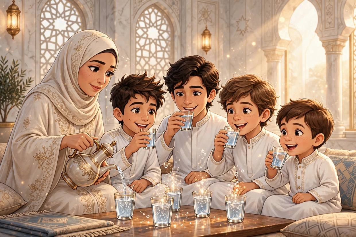 Les enfants boivent l'eau de Zamzam