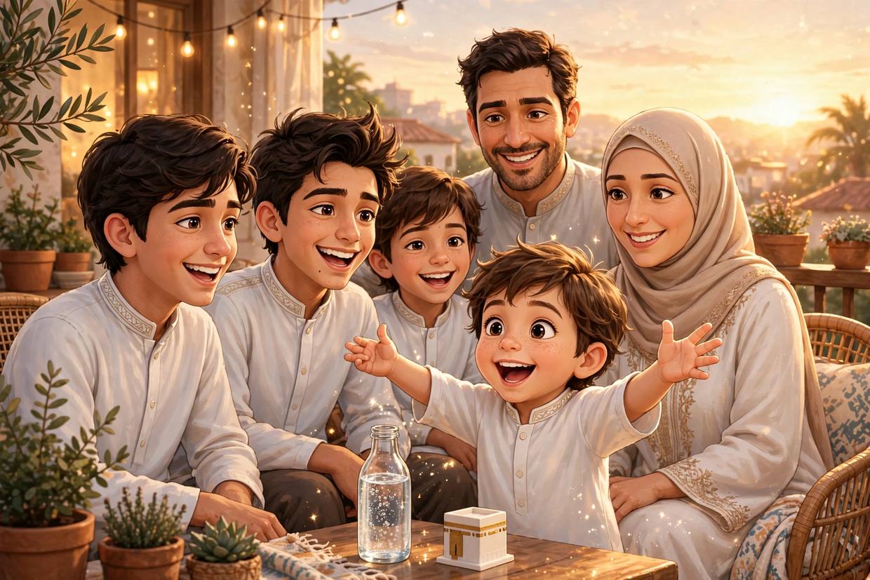 Rali raconte le voyage à la maison, la bouteille de Zamzam sur la table